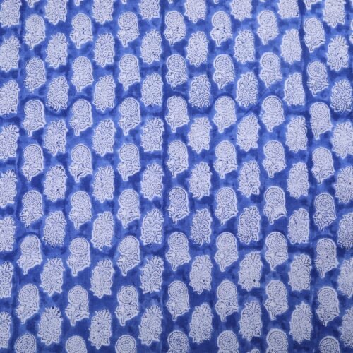 Hand Block Printed Cotton Fabric With Buta Design In Blue