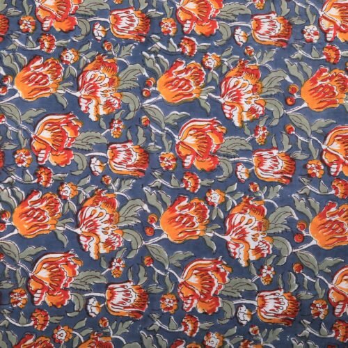Floral Jaal Hand Block Printed Cotton Fabric In Greyish Blue