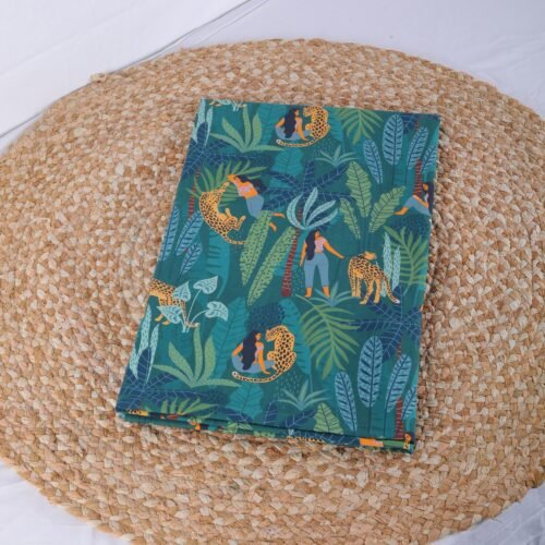 Lady With Leopard Love Stylish Cotton Fabric In Dark Tropical Green - Image 4