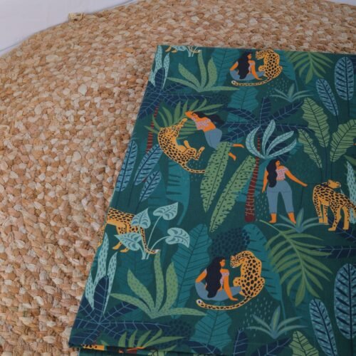 Lady With Leopard Love Stylish Cotton Fabric In Dark Tropical Green - Image 5