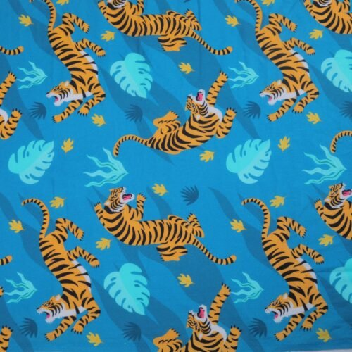 Tiger World Printed Cotton Fabric In Sky-Blue Fashionable