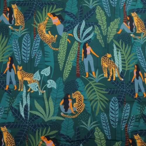 Lady With Leopard Love Stylish Cotton Fabric In Dark Tropical Green