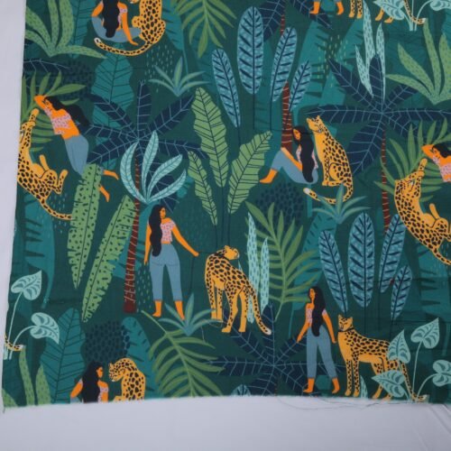 Lady With Leopard Love Stylish Cotton Fabric In Dark Tropical Green - Image 7