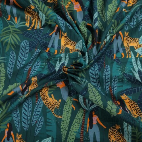 Lady With Leopard Love Stylish Cotton Fabric In Dark Tropical Green - Image 8