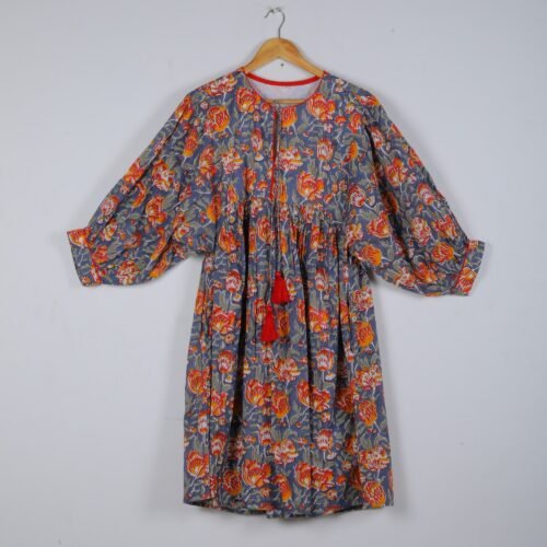Cotton Block Printed Balloon Sleeves Dress In Greyish Blue