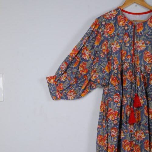 Cotton Block Printed Balloon Sleeves Dress In Greyish Blue - Image 3