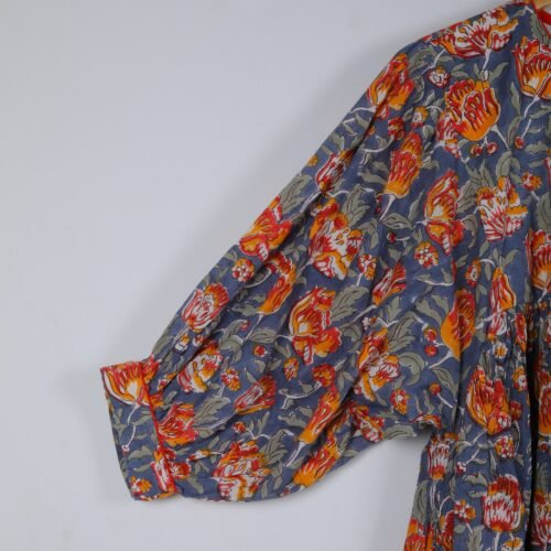 Cotton Block Printed Balloon Sleeves Dress In Greyish Blue - Image 4