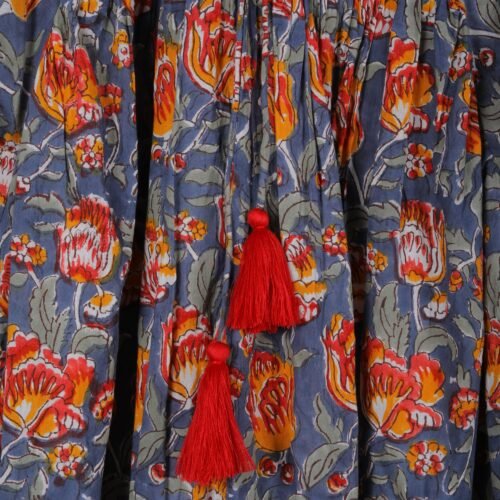 Cotton Block Printed Balloon Sleeves Dress In Greyish Blue - Image 6