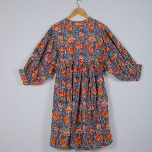 Cotton Block Printed Balloon Sleeves Dress In Greyish Blue - Image 7