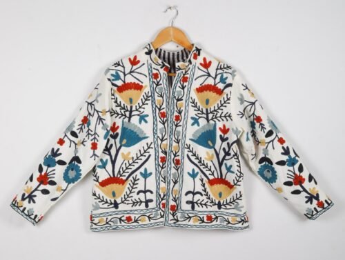 Elegant & Stylish Cotton-Canvas Suzani Embroidered Jacket In Multicolor