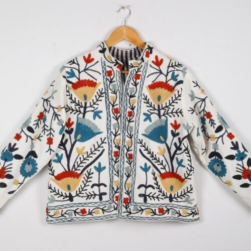 Elegant & Stylish Cotton-Canvas Suzani Embroidered Jacket In Multicolor