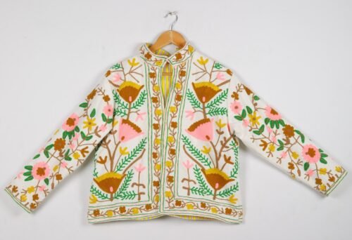 Beautiful Cotton-Canvas Suzani Embroidered Jacket In Multicolor