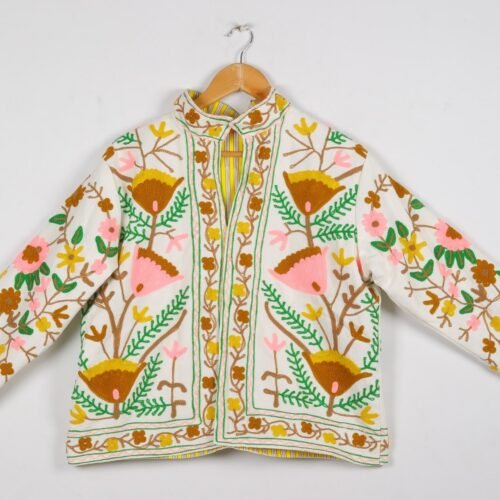 Beautiful Cotton-Canvas Suzani Embroidered Jacket In Multicolor