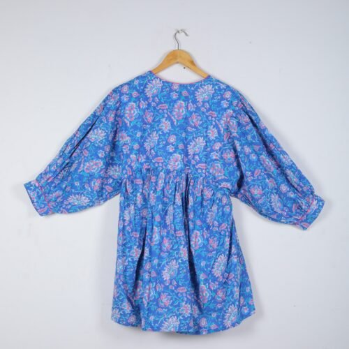 Cotton Block Printed Floral Jaal Balloon Sleeves Dress - Image 5