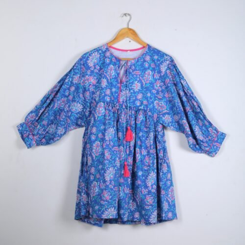 Cotton Block Printed Floral Jaal Balloon Sleeves Dress