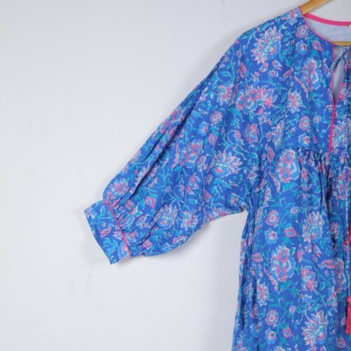Cotton Block Printed Floral Jaal Balloon Sleeves Dress - Image 7