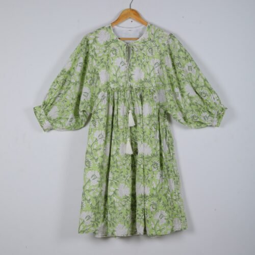 Stylish Cotton Block Printed Balloon Sleeves Dress - Image 2