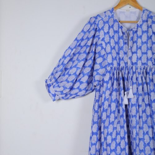 Elegant Cotton Block Printed Balloon Sleeves Dress In Blue - Image 2