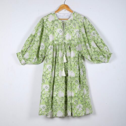 Stylish Cotton Block Printed Balloon Sleeves Dress