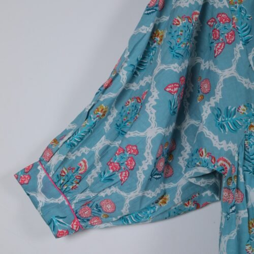Cotton Block Printed Balloon Sleeves Dress In Sky Blue - Image 2