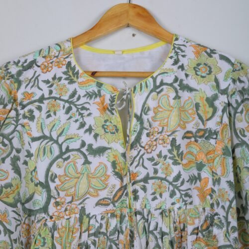 Casual Wear Cotton Block Printed Balloon Sleeves Dress - Image 3