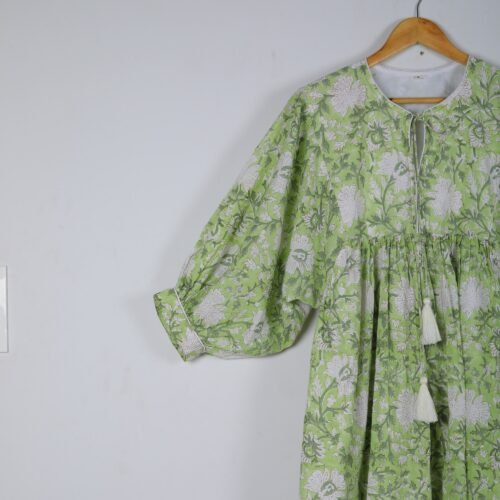 Stylish Cotton Block Printed Balloon Sleeves Dress - Image 3