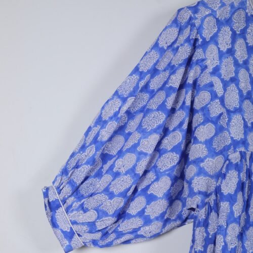 Elegant Cotton Block Printed Balloon Sleeves Dress In Blue - Image 3
