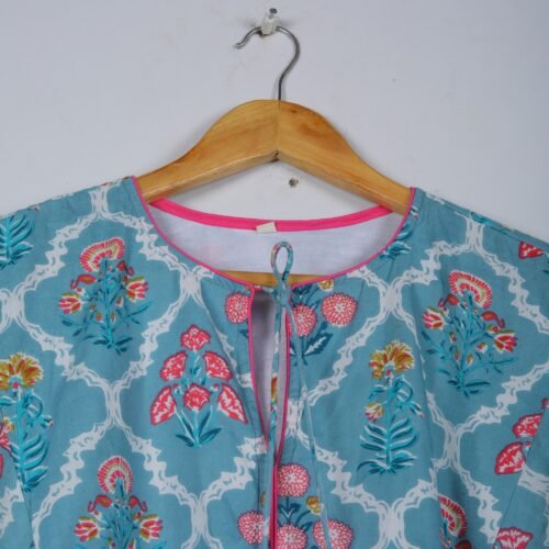 Cotton Block Printed Balloon Sleeves Dress In Sky Blue - Image 3