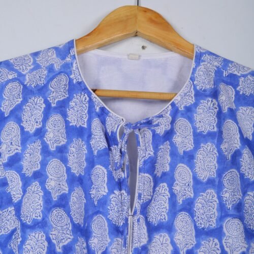 Elegant Cotton Block Printed Balloon Sleeves Dress In Blue - Image 4