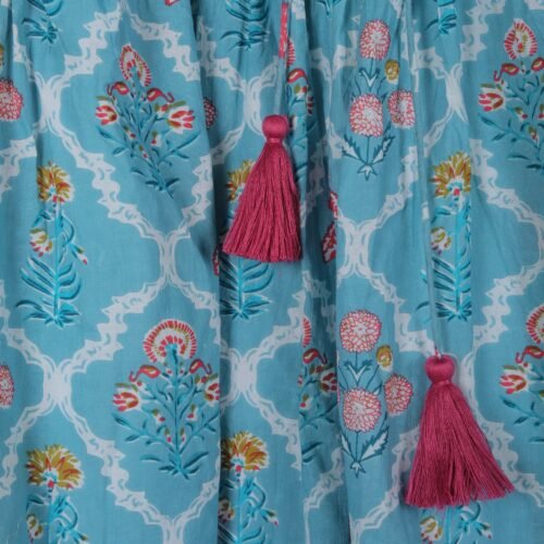 Cotton Block Printed Balloon Sleeves Dress In Sky Blue - Image 4