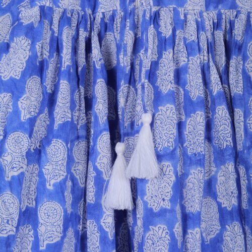 Elegant Cotton Block Printed Balloon Sleeves Dress In Blue - Image 5