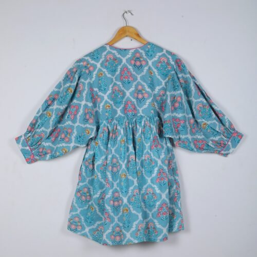 Cotton Block Printed Balloon Sleeves Dress In Sky Blue - Image 5