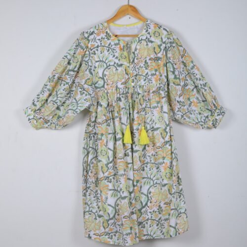 Casual Wear Cotton Block Printed Balloon Sleeves Dress