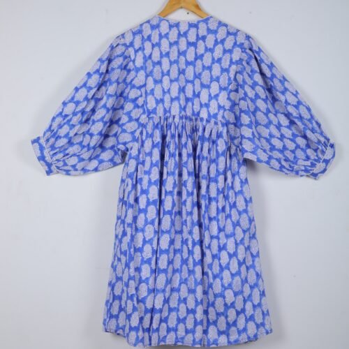 Elegant Cotton Block Printed Balloon Sleeves Dress In Blue - Image 6