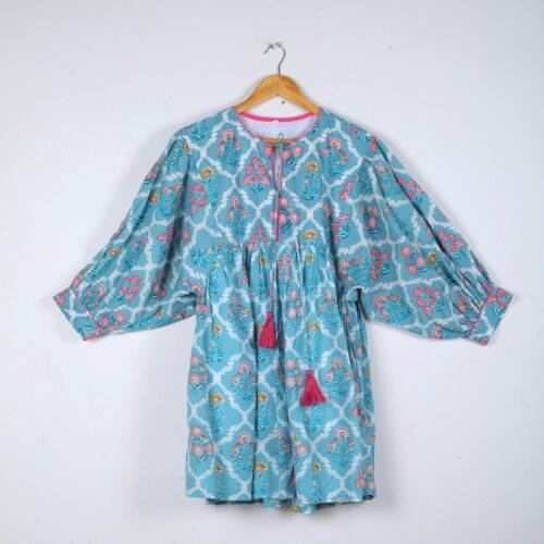 Cotton Block Printed Balloon Sleeves Dress In Sky Blue