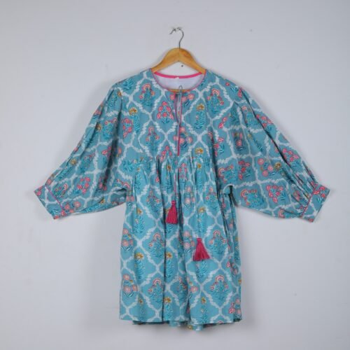 Cotton Block Printed Balloon Sleeves Dress In Sky Blue - Image 6