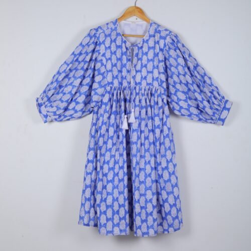 Elegant Cotton Block Printed Balloon Sleeves Dress In Blue