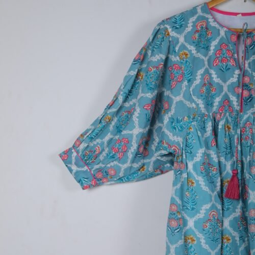Cotton Block Printed Balloon Sleeves Dress In Sky Blue - Image 7