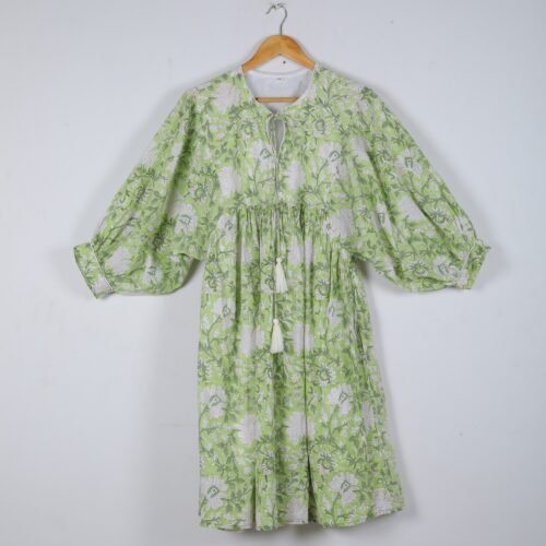 Stylish Cotton Block Printed Balloon Sleeves Dress - Image 8
