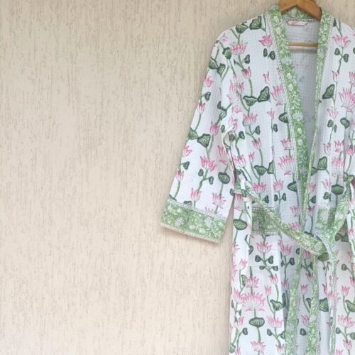 Blush Of Lotus Block Printed Cotton Waffle Bathrobe - Image 4