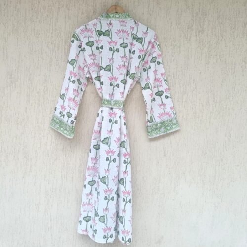 Blush Of Lotus Block Printed Cotton Waffle Bathrobe - Image 5