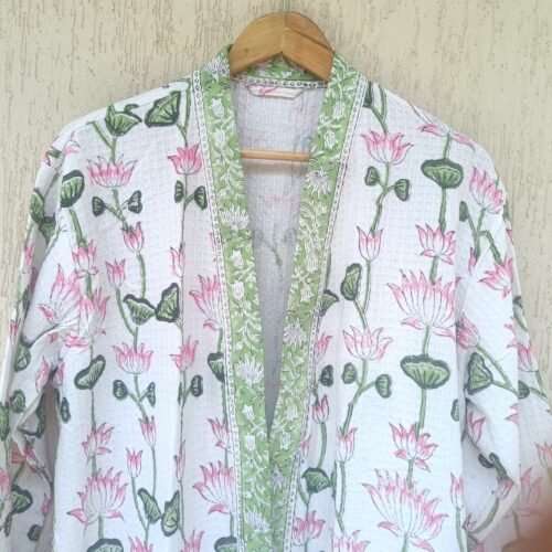 Blush Of Lotus Block Printed Cotton Waffle Bathrobe - Image 6