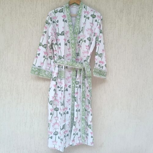 Blush Of Lotus Block Printed Cotton Waffle Bathrobe - Image 8