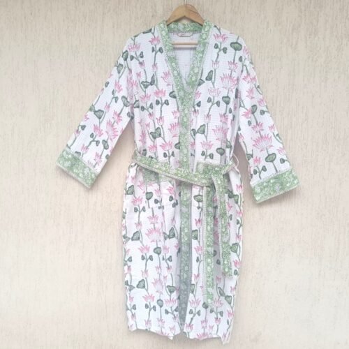 Blush Of Lotus Block Printed Cotton Waffle Bathrobe
