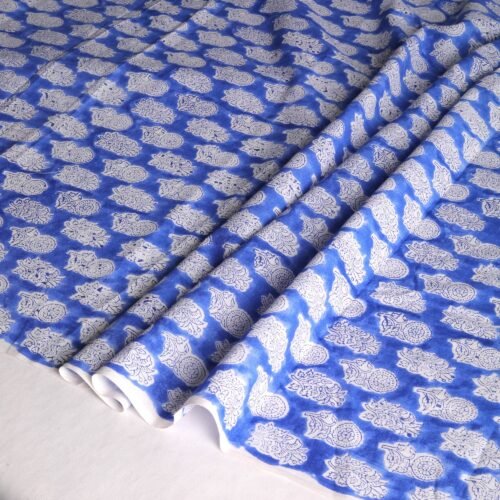 Hand Block Printed Cotton Fabric With Buta Design In Blue - Image 7