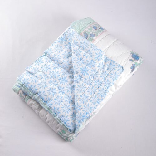 Fresh Firozi Flowers Hand Block Print Cotton Quilt - Image 2