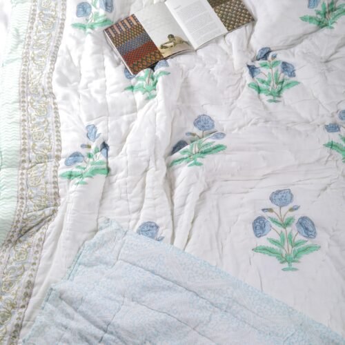 Floral Design Hand Block Print Cotton Quilt In Both Side