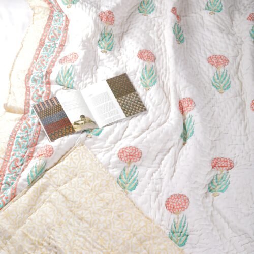 Floral Beauty Hand Block Print Cotton Quilt In Both Side