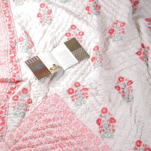 Beautiful Flowers Hand Block Print Cotton Quilt In Both Side
