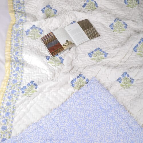 Sky Garden Floral Hand Block Print Cotton Quilt In Both Side